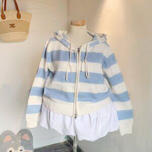 Blue White Striped Knit Hoodie Coastal Vibes